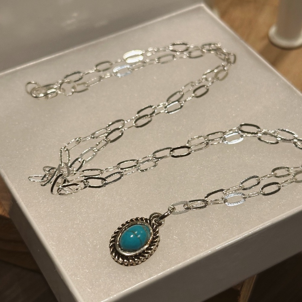 Silver Chain Necklace with Turquoise Pendant